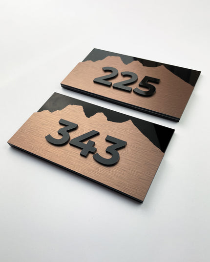 ALUMADESIGNCO Alpine brushed bronze door number plaque with acrylic numbers, modern luxury signage for hotels, Airbnb properties, and residential spaces