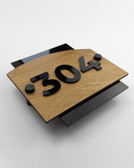 ALUMADESIGNCO Flow wooden standoff wall number plaque with acrylic numbers, premium door signage for hotels, apartments, and hospitality interiors