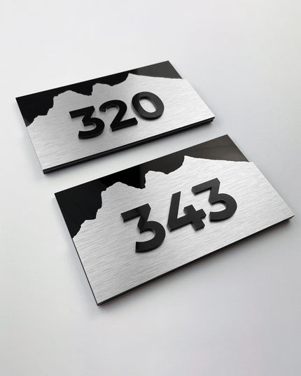 ALUMADESIGNCO Alpine Design elegant hotel room number sign with 3D layered construction and raised acrylic numbers, modern door signage for boutique hotels and apartments