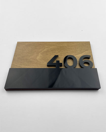 Premium Horizon custom wooden door number plaque by ALUMADESIGNCO with 3D glossy black acrylic numbers, modern hotel room signage and apartment door numbers