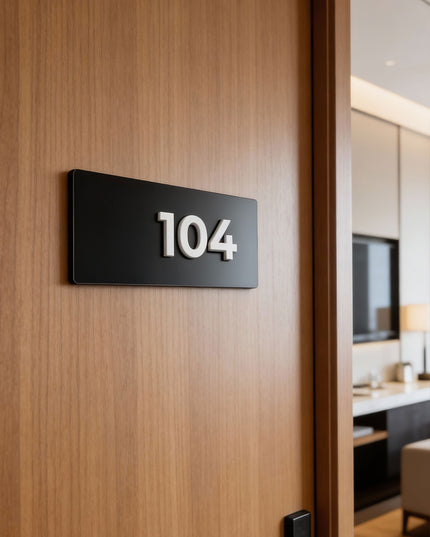 Premium custom suite number plaque by ALUMADESIGNCO featuring black metal plaque and white acrylic numbers, modern door signage for hotels and offices