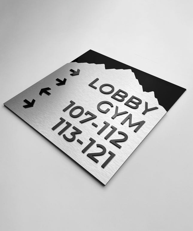 Modern Mountain Design wayfinding wall sign by ALUMADESIGNCO featuring aluminium plate construction, elegant directional signage for hotels, offices, and contemporary interiors