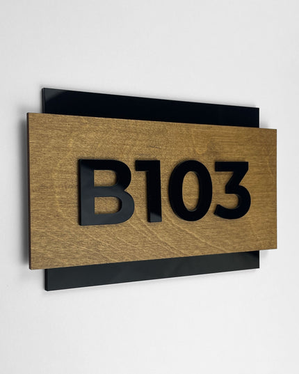 ALUMADESIGNCO custom wood door number plaque with birch plywood and acrylic numbers, modern signage for hotels, offices, and residential interiors