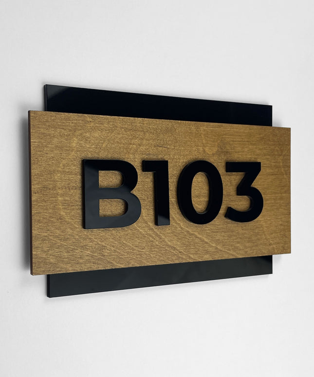 ALUMADESIGNCO custom wood door number plaque with birch plywood and acrylic numbers, modern signage for hotels, offices, and residential interiors
