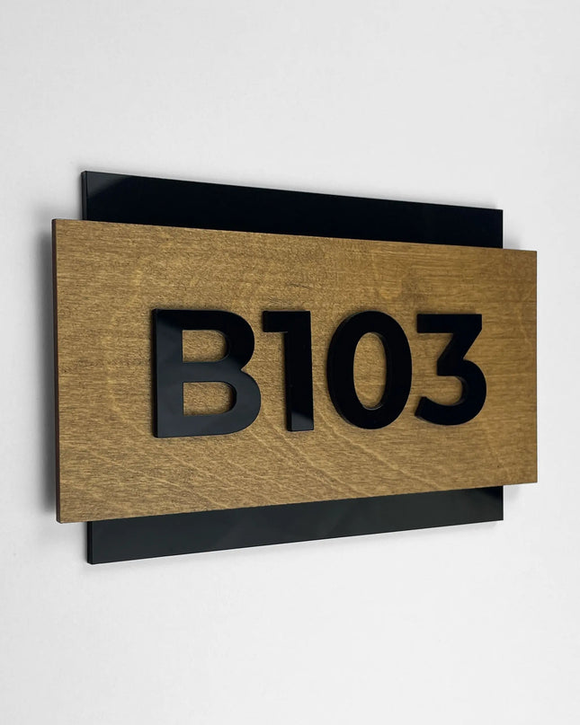ALUMADESIGNCO custom wood door number plaque with birch plywood and acrylic numbers, modern signage for hotels, offices, and residential interiors