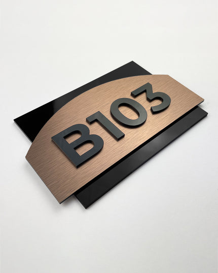 ALUMADESIGNCO Flow 3D layered apartment door number sign with raised acrylic numbers, premium signage for residential buildings and hospitality interiors