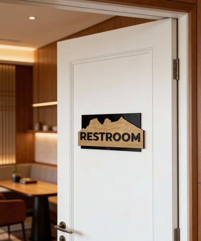 Modern Alpine Design birch wood door sign by ALUMADESIGNCO combining natural wood and acrylic glass text, stylish signage for contemporary interiors