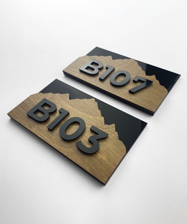 ALUMADESIGNCO wooden and acrylic custom apartment number plaque Alpine Design with minimalist modern style, premium signage for residential buildings and offices