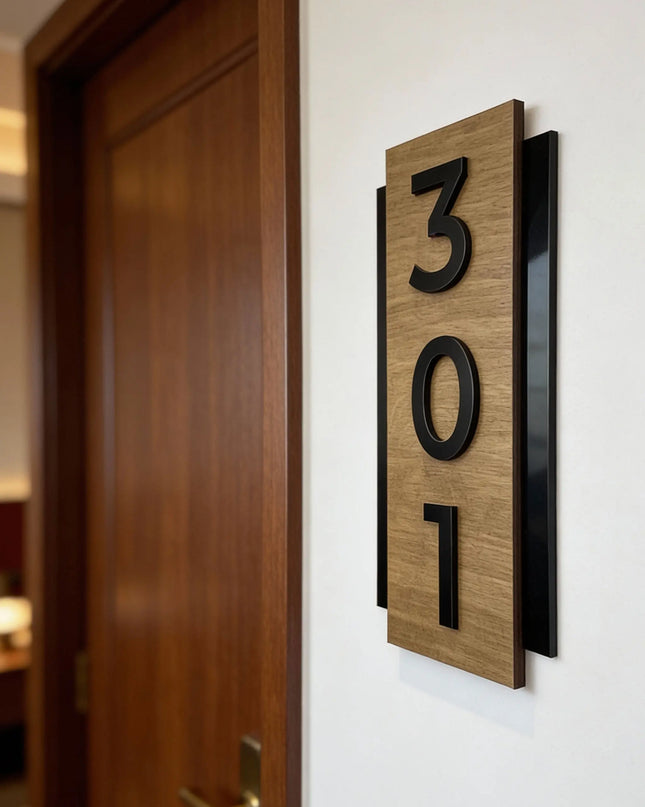 Premium vertical hotel door number sign by ALUMADESIGNCO featuring natural birch wood base and precision cut black acrylic numbers, modern Scandinavian signage for hotel corridors and apartment buildings