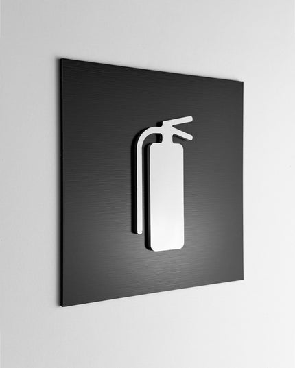 Modern fire extinguisher sign by ALUMADESIGNCO featuring clean professional style, safety wall signage for offices, hotels, and public interiors