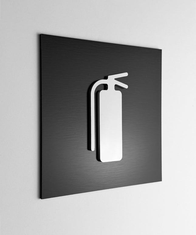 Modern fire extinguisher sign by ALUMADESIGNCO featuring clean professional style, safety wall signage for offices, hotels, and public interiors