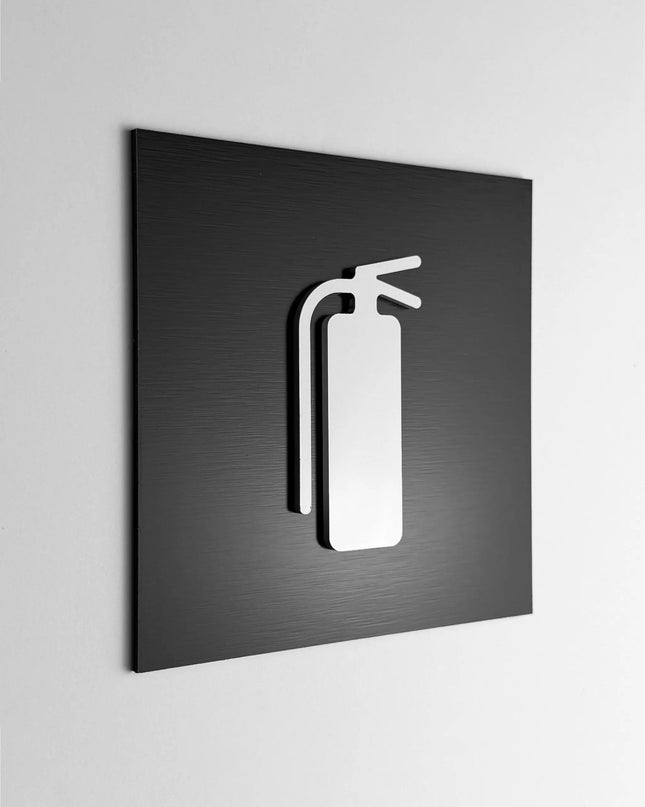 Modern fire extinguisher sign by ALUMADESIGNCO featuring clean professional style, safety wall signage for offices, hotels, and public interiors