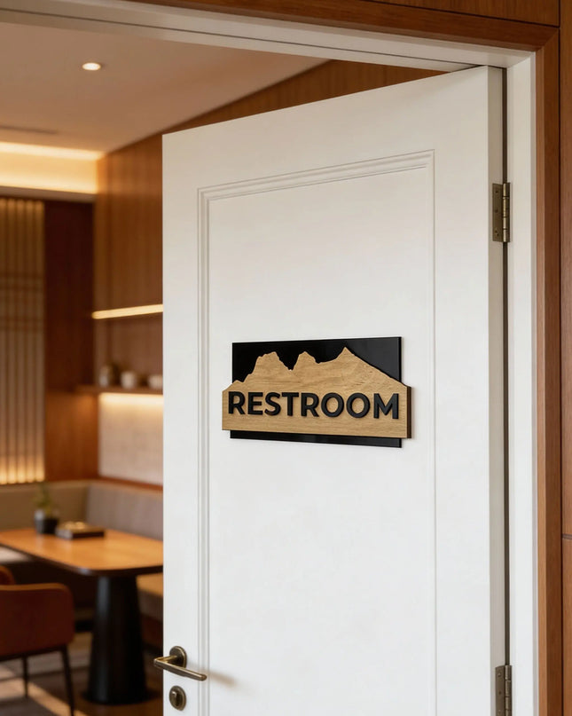 ALUMADESIGNCO high-end interior door sign with birch wood base and black acrylic lettering, custom signage for offices, hotels, apartments, and modern interiors