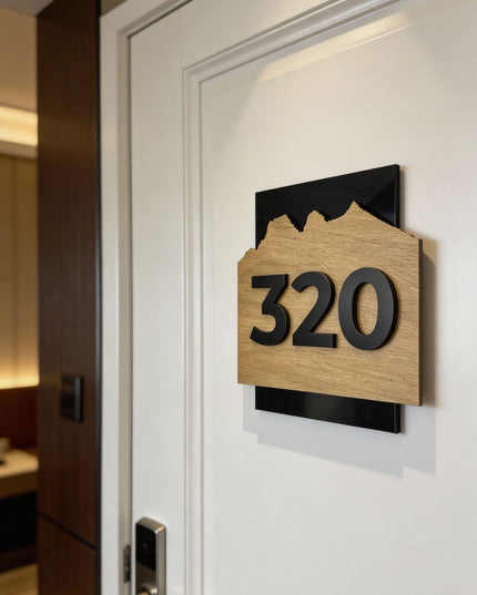 ALUMADESIGNCO Alpine Design wood and acrylic door number sign made from natural birch plywood with raised black acrylic numbers, modern Scandinavian hotel room number plaque for apartments, offices, and contemporary interiors