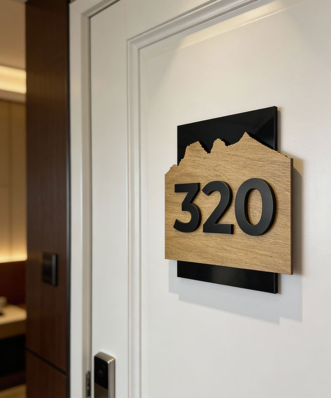 ALUMADESIGNCO Alpine Design wood and acrylic door number sign made from natural birch plywood with raised black acrylic numbers, modern Scandinavian hotel room number plaque for apartments, offices, and contemporary interiors