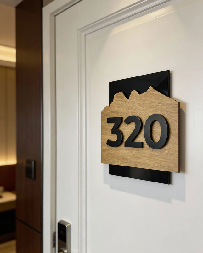 ALUMADESIGNCO Alpine Design wood and acrylic door number sign made from natural birch plywood with raised black acrylic numbers, modern Scandinavian hotel room number plaque for apartments, offices, and contemporary interiors