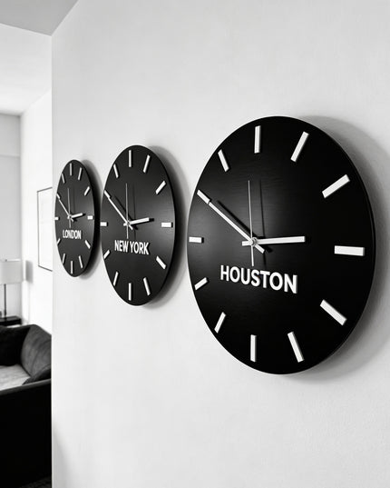 ALUMADESIGNCO international time zone wall clock in brushed black and white acrylic glass with personalized city displays, elegant décor for hotels, lobbies, apartments, and modern interiors
