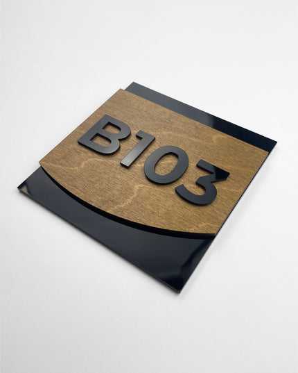 ALUMADESIGNCO Flow custom hotel room number sign with birch wood base and black acrylic numbers, modern door signage for boutique hotels and Airbnb properties