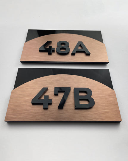 ALUMADESIGNCO bronze apartment door number plaque with layered acrylic elements, modern signage for apartments, Airbnb properties, and office spaces