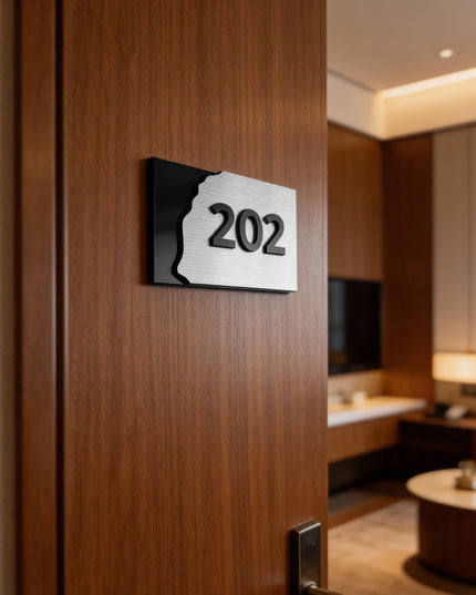 ALUMADESIGNCO brushed silver hotel door number plaque with acrylic numbers, premium signage for boutique hotels, Airbnb properties, and offices