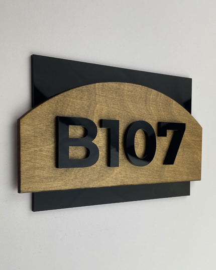 ALUMADESIGNCO modern hotel room number sign made from wood and acrylic with raised black numbers, minimalist door number plaque for hotel corridors and apartments