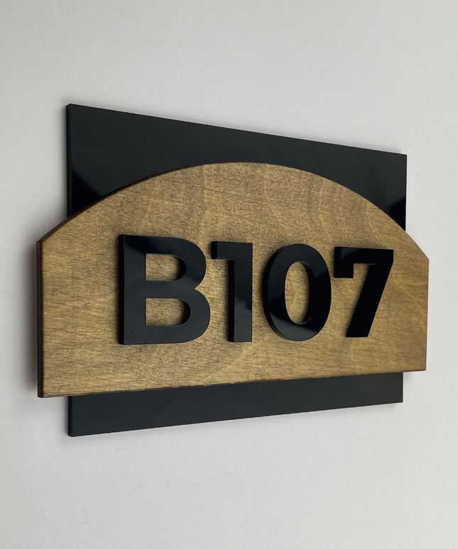 ALUMADESIGNCO modern hotel room number sign made from wood and acrylic with raised black numbers, minimalist door number plaque for hotel corridors and apartments