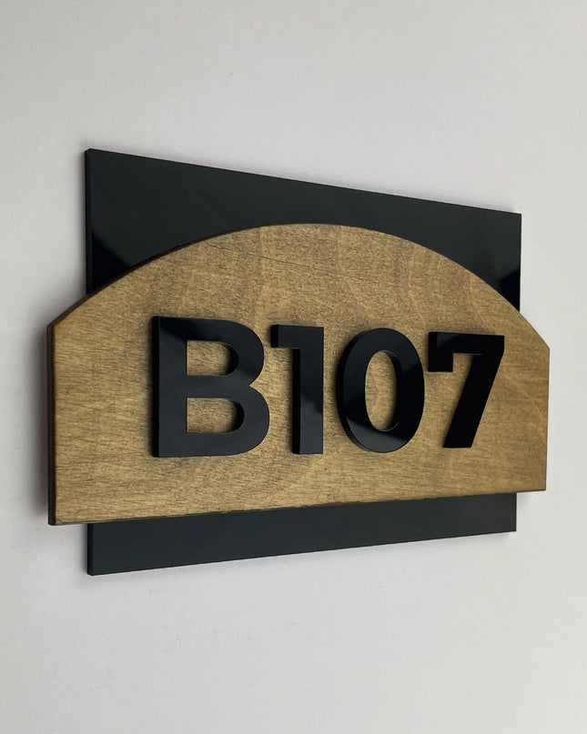ALUMADESIGNCO modern hotel room number sign made from wood and acrylic with raised black numbers, minimalist door number plaque for hotel corridors and apartments