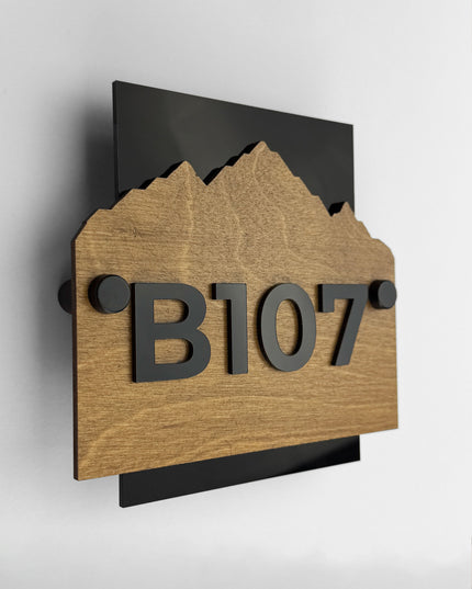 Modern customisable wooden wall number sign Alpine Design by ALUMADESIGNCO with standoff mounting and acrylic numbers for hotel corridors and apartment buildings