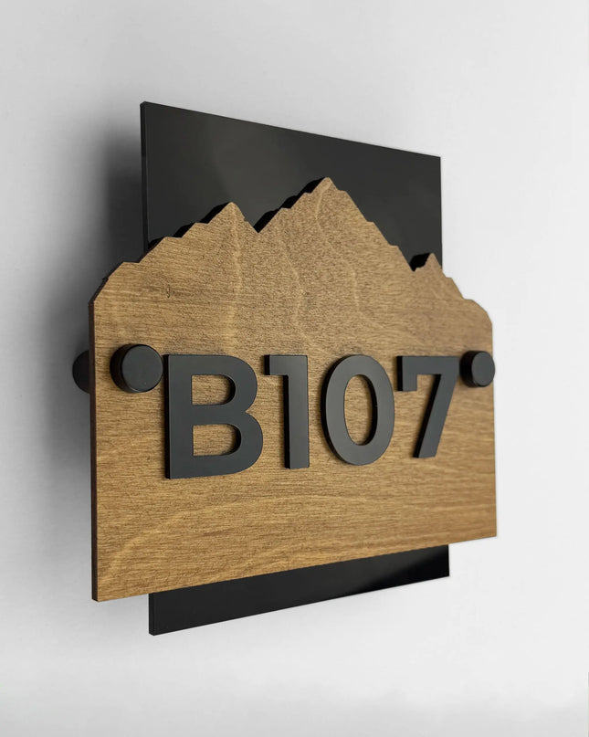 Modern customisable wooden wall number sign Alpine Design by ALUMADESIGNCO with standoff mounting and acrylic numbers for hotel corridors and apartment buildings