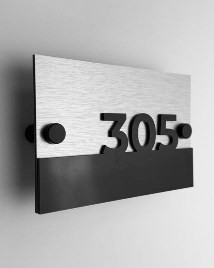 Modern Horizon Design standoff wall number plaque by ALUMADESIGNCO with brushed silver metal base and 3D black acrylic numbers, stylish signage for hotel corridors and apartment buildings