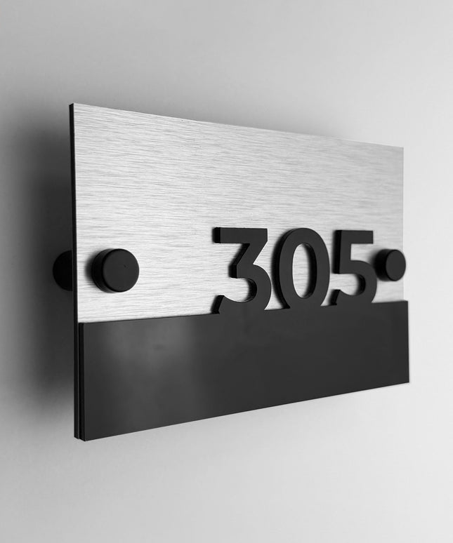 Modern Horizon Design standoff wall number plaque by ALUMADESIGNCO with brushed silver metal base and 3D black acrylic numbers, stylish signage for hotel corridors and apartment buildings