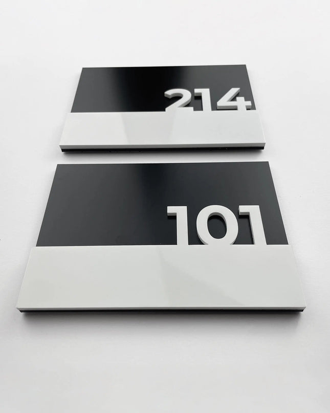 Elegant black door number sign Horizon Design by ALUMADESIGNCO featuring minimalist modern style and acrylic numbers, premium signage for hotel rooms and apartment interiors