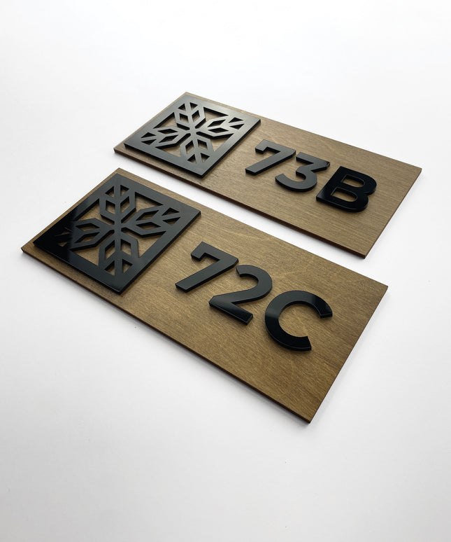 ALUMADESIGNCO wooden and acrylic premium custom door number sign with raised numbers, modern signage for Airbnb properties and hospitality interiors