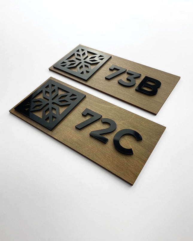 ALUMADESIGNCO wooden and acrylic premium custom door number sign with raised numbers, modern signage for Airbnb properties and hospitality interiors
