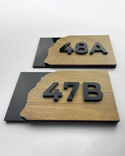 ALUMADESIGNCO custom Fusion wooden and acrylic apartment door number sign with raised numbers, modern signage for Airbnb properties and apartment corridors