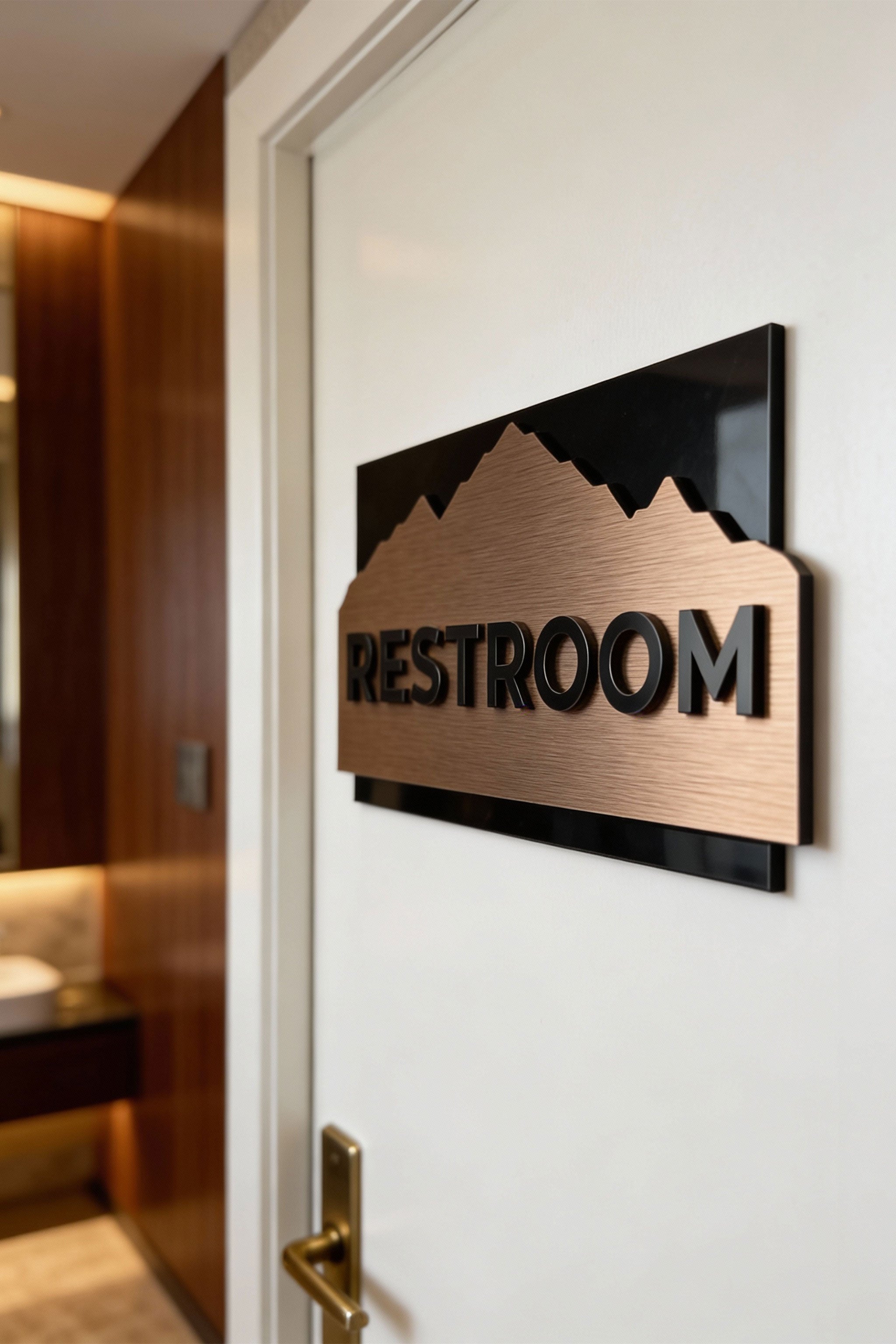 ALUMADESIGNCO custom brushed bronze and black acrylic door plaque with minimalist modern design, premium signage for offices, apartments, and hotels