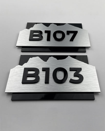 ALUMADESIGNCO Alpine suite door number sign with raised acrylic numbers, modern signage for hotel suites, boutique hotels, and luxury apartments