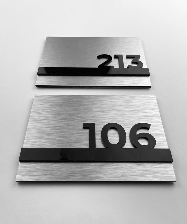 ALUMADESIGNCO Horizon brushed silver room number plaque with raised black acrylic glass numbers, modern hotel room door signage for hospitality interiors