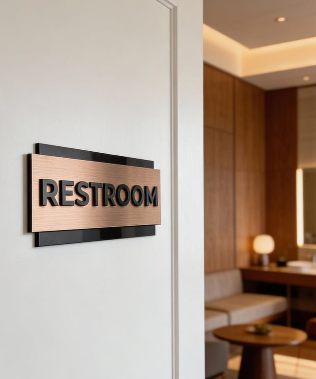 ALUMADESIGNCO personalized custom office door sign in bronze and acrylic with raised lettering, premium signage for offices, hotels, apartments, and modern interiors