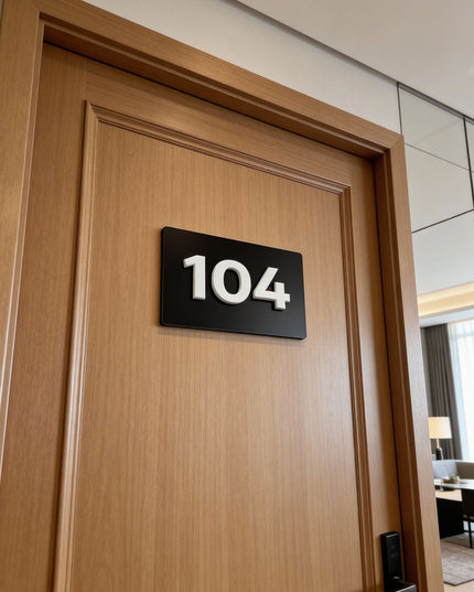ALUMADESIGNCO custom black metal and white acrylic room number sign with minimalist modern design, premium signage for boutique hotels and apartment buildings