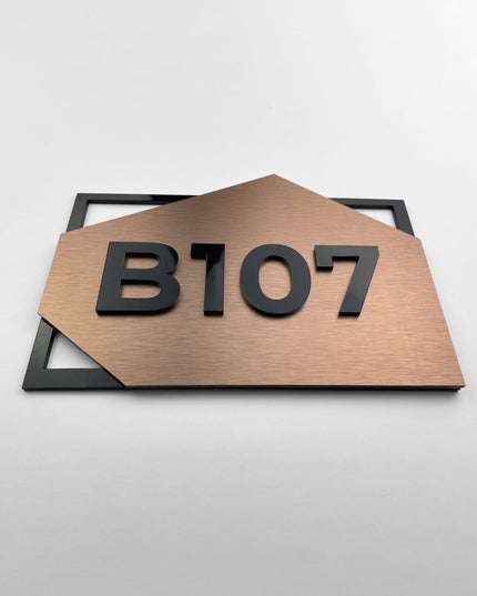 ALUMADESIGNCO bronze hotel door number plaque with acrylic glass numbers, modern signage for boutique hotels, apartments, and office spaces