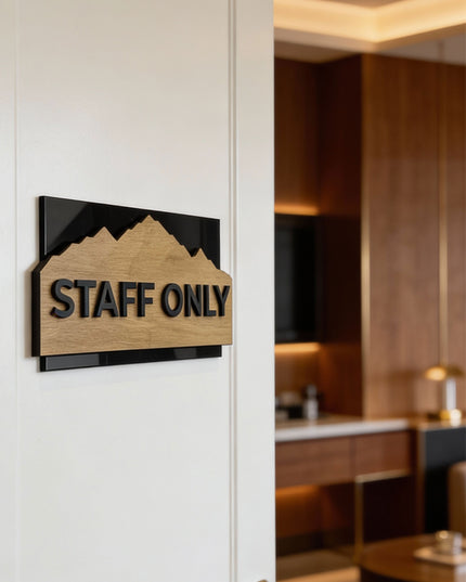 ALUMADESIGNCO Alpine Design wall door sign with birch wood plate and black acrylic lettering, modern signage for offices, hotels, apartments, and contemporary interiors