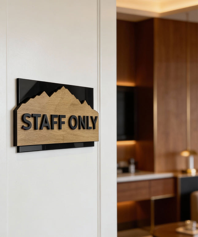ALUMADESIGNCO Alpine Design wall door sign with birch wood plate and black acrylic lettering, modern signage for offices, hotels, apartments, and contemporary interiors