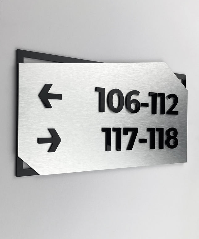 ALUMADESIGNCO custom wall directional sign with modern styling, premium wayfinding signage for offices, hospitality spaces, and contemporary interiors