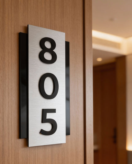 ALUMADESIGNCO modern brushed silver room number sign with raised black acrylic numbers, vertical wall signage for hotels, apartments, and contemporary interiors