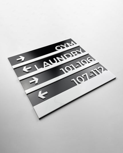 ALUMADESIGNCO directional wall plaque with Modern Design styling, premium wayfinding signage for offices, hospitality spaces, apartment buildings, and interiors