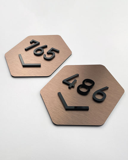 ALUMADESIGNCO Hexagon brushed bronze door number plaque with acrylic numbers, premium geometric signage for hotels, Airbnb properties, and offices