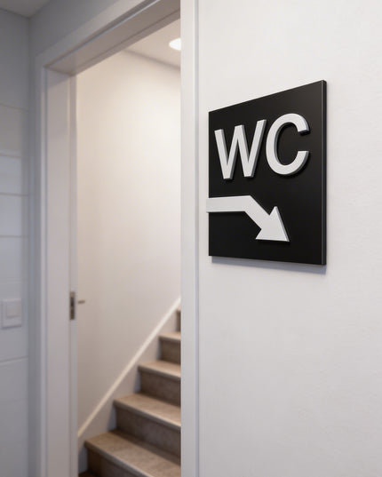 ALUMADESIGNCO toilet direction sign for doors and walls with downstairs arrow, premium restroom wayfinding signage for offices, hotels, apartments, and commercial spaces