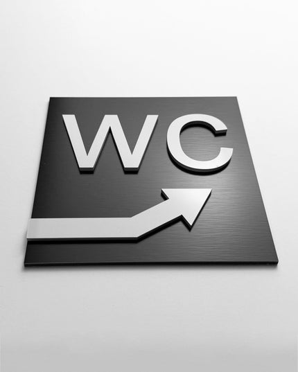 WC arrow upstairs sign by ALUMADESIGNCO, modern toilet direction plaque for hotels, offices, restaurants, and public interior spaces