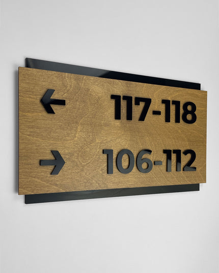 Premium birch wood directional wall sign by ALUMADESIGNCO, modern wayfinding signage for hospitality, office, and residential interiors